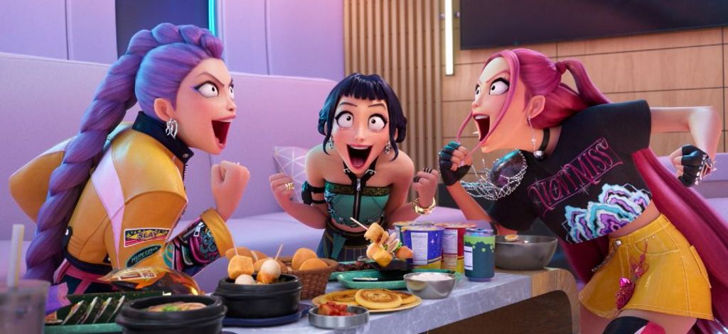 A still from KPop Demon Hunters, showing the girlband in a restaurant