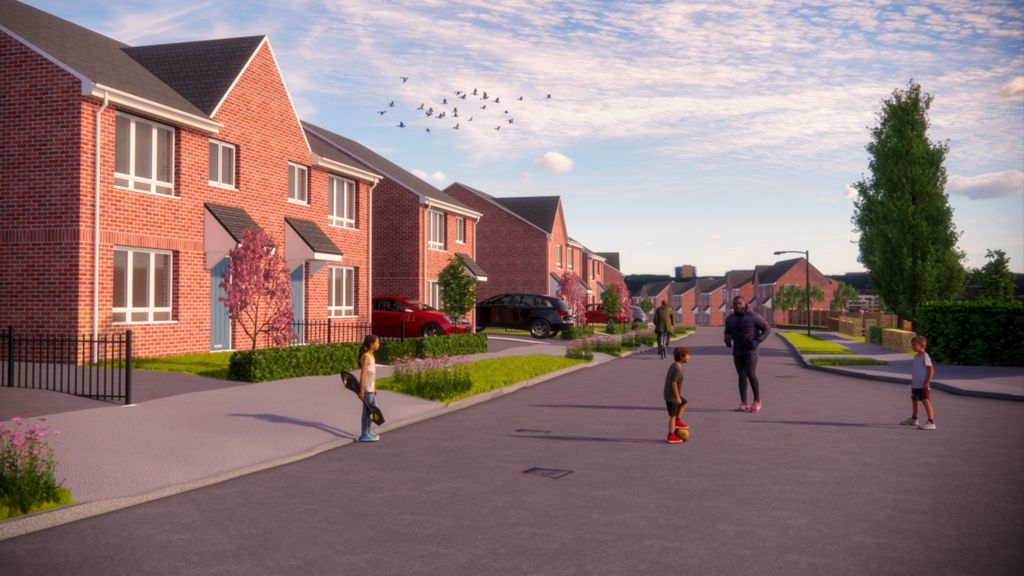 Artist's impression shows a row of newbuild houses with children playing in front