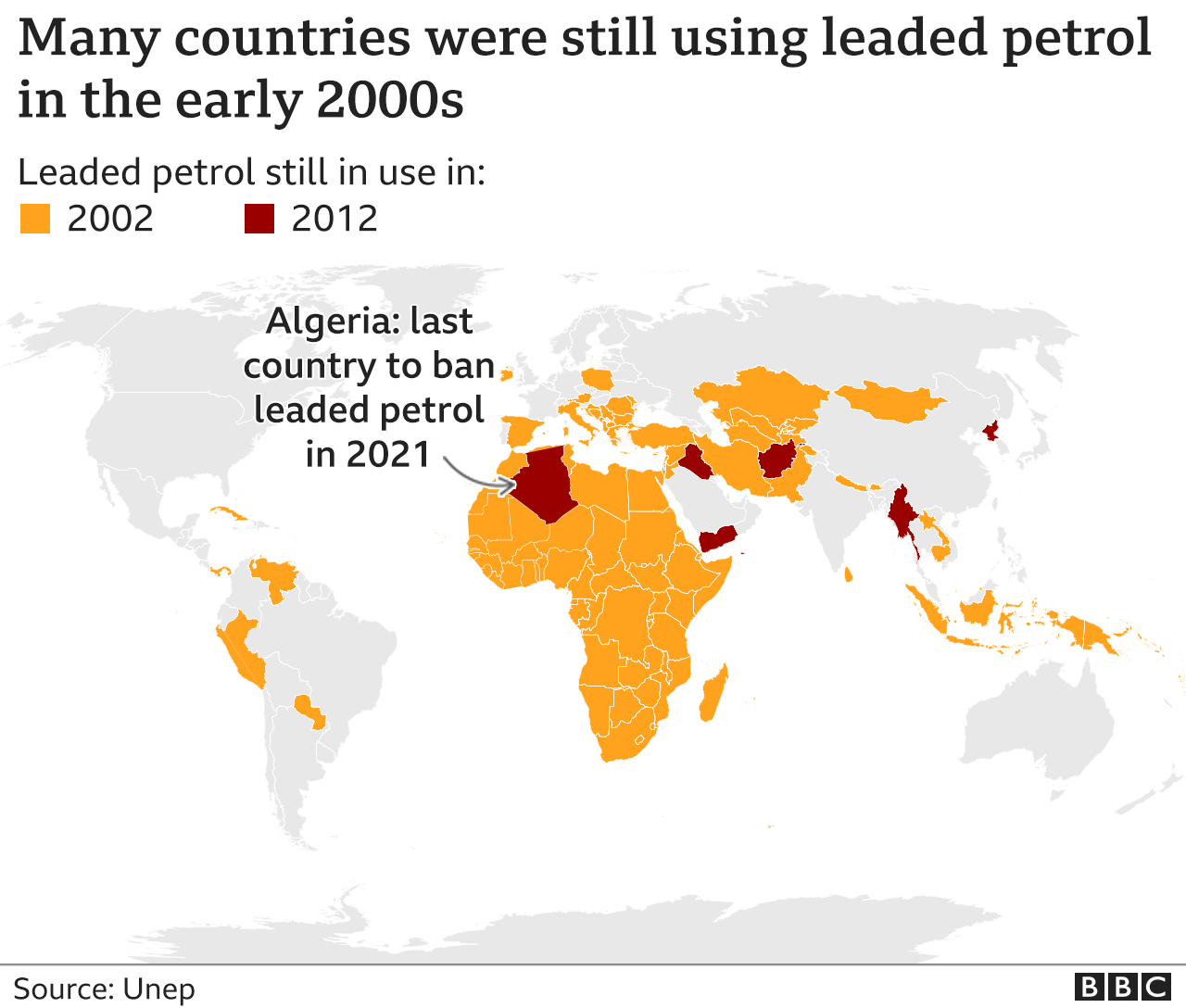 Map showing the countries where lead petrol was still available in the early 2000s.