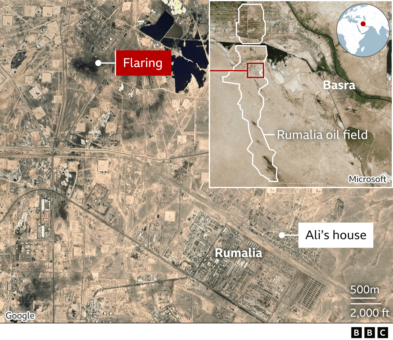 Map showing the location of Ali's house in relation to the flaring in Rumaila oil field