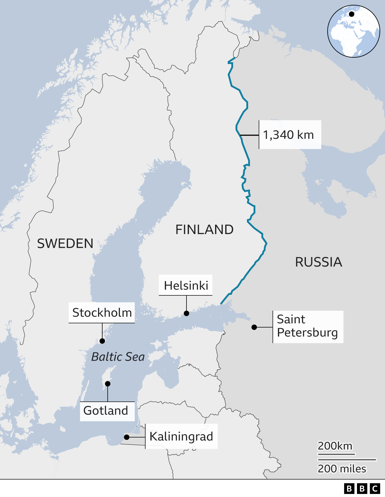 Map of Sweden and Finland with 1,340km (830 mile) border highlighter