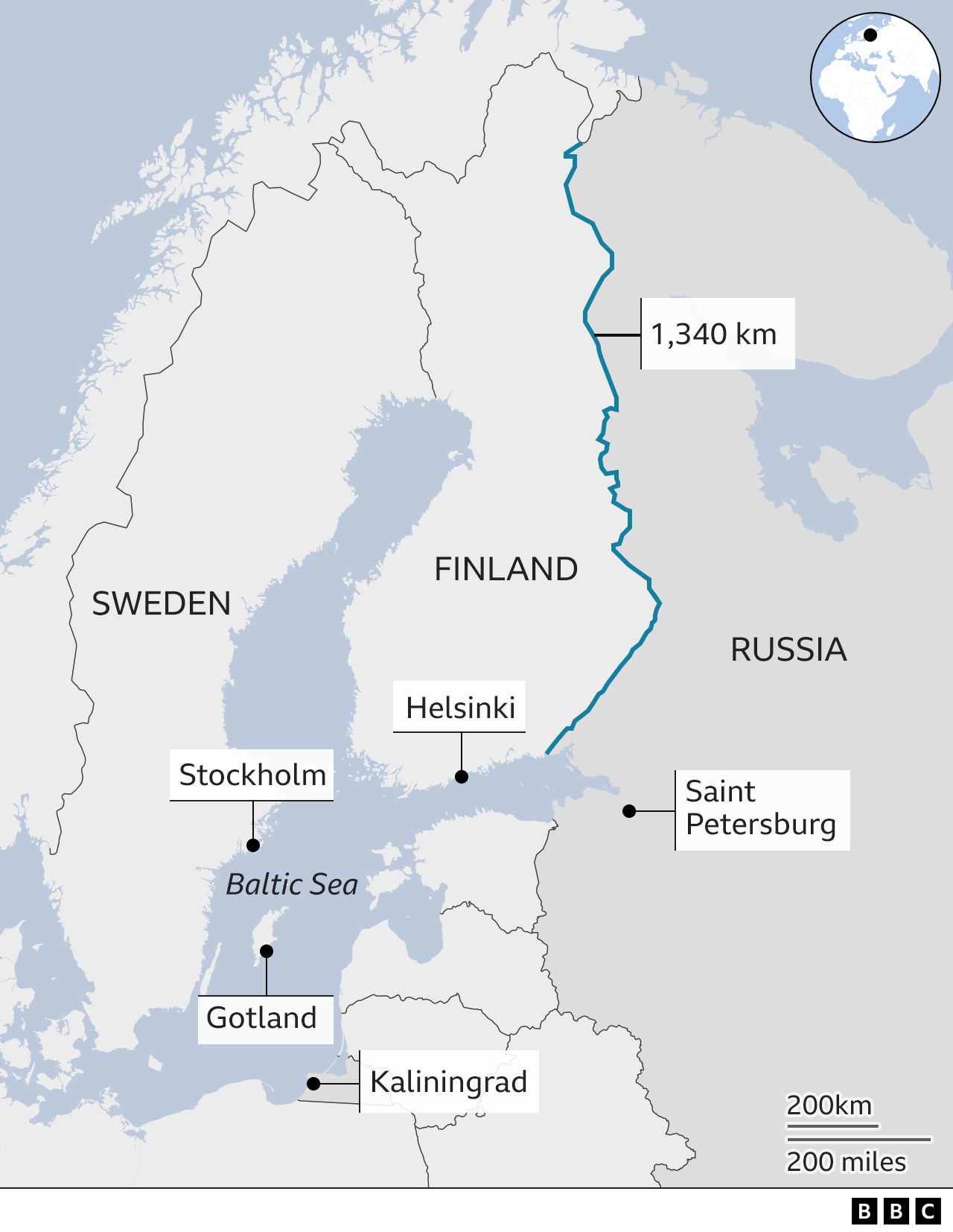 Map of Sweden and Finland with 1,340km (830 mile) border highlighter (July 2023)