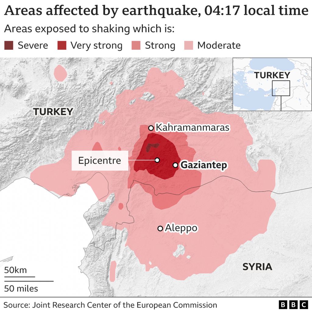A map showing the epicentre of the earthquake and the subsequent areas affected