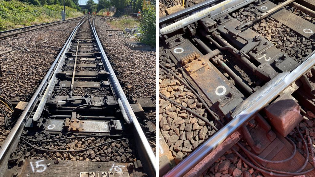 Composite image showing points to be replaced on train tracks stretching out between greenery