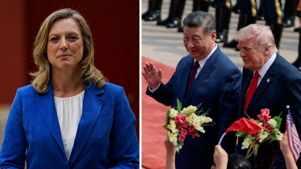 Split screen image - Laura Bicker (l) and Presidents Xi and Trump (r)
