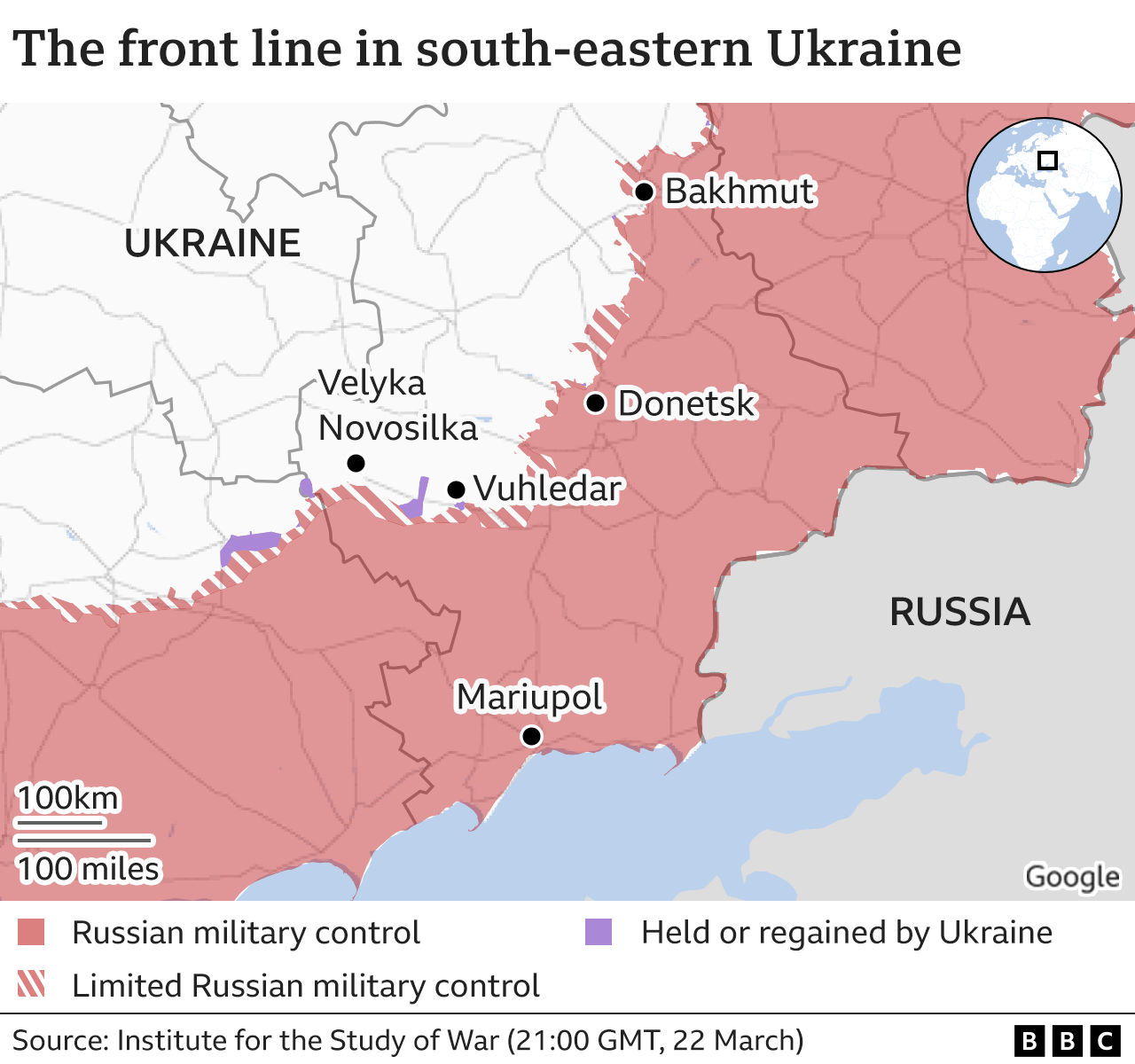 Map of the front line in south-eastern Ukraine - showing areas in Russian military control, and several places including Donetsk and Mariupol..