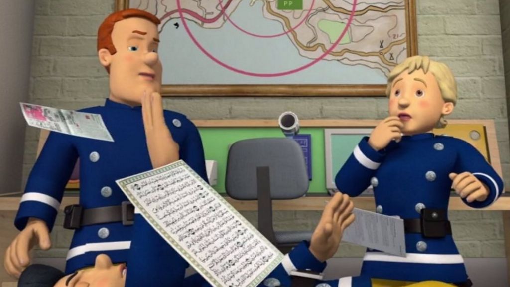 An image from TV show Fireman Sam. A sheet of paper is depicted in mid-air - it is a page from the Koran, according to programme makers
