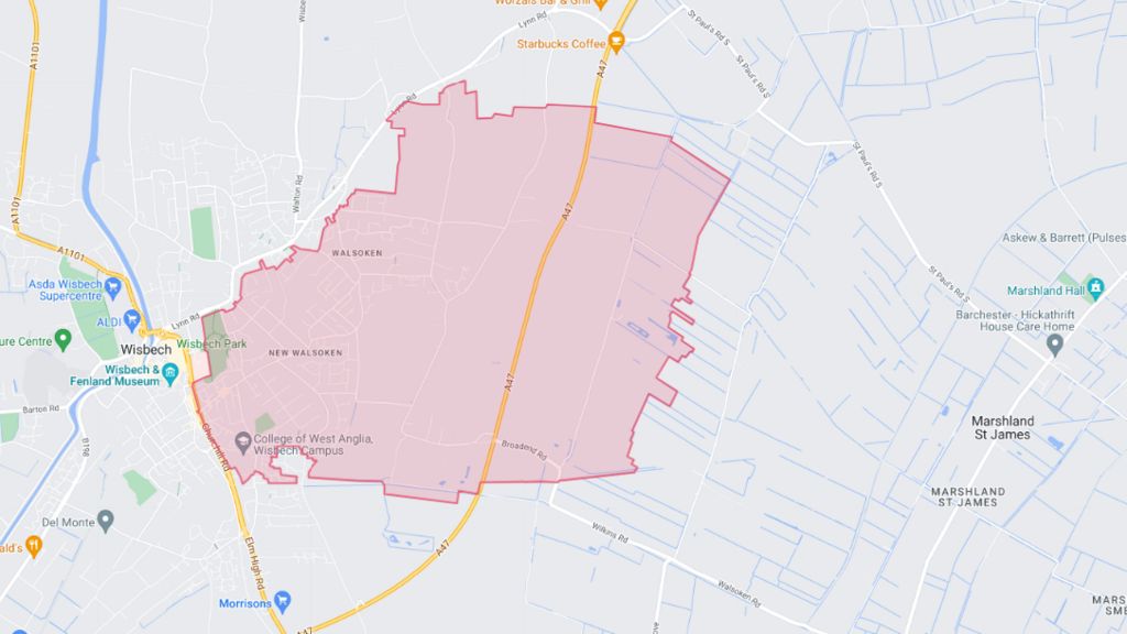 A map showing areas impacted by the water issue in Wisbech