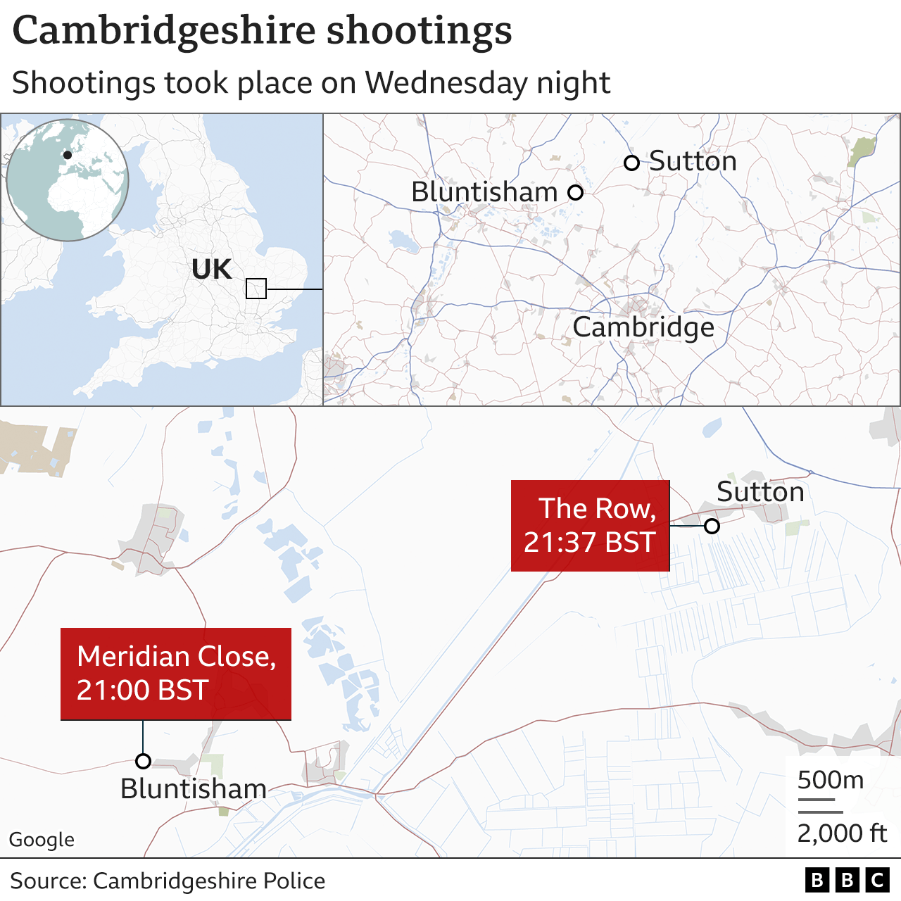 Map shows the properties in Meridian Close, Bluntisham and The Row, in Sutton - about six-and-a-half miles away from each other