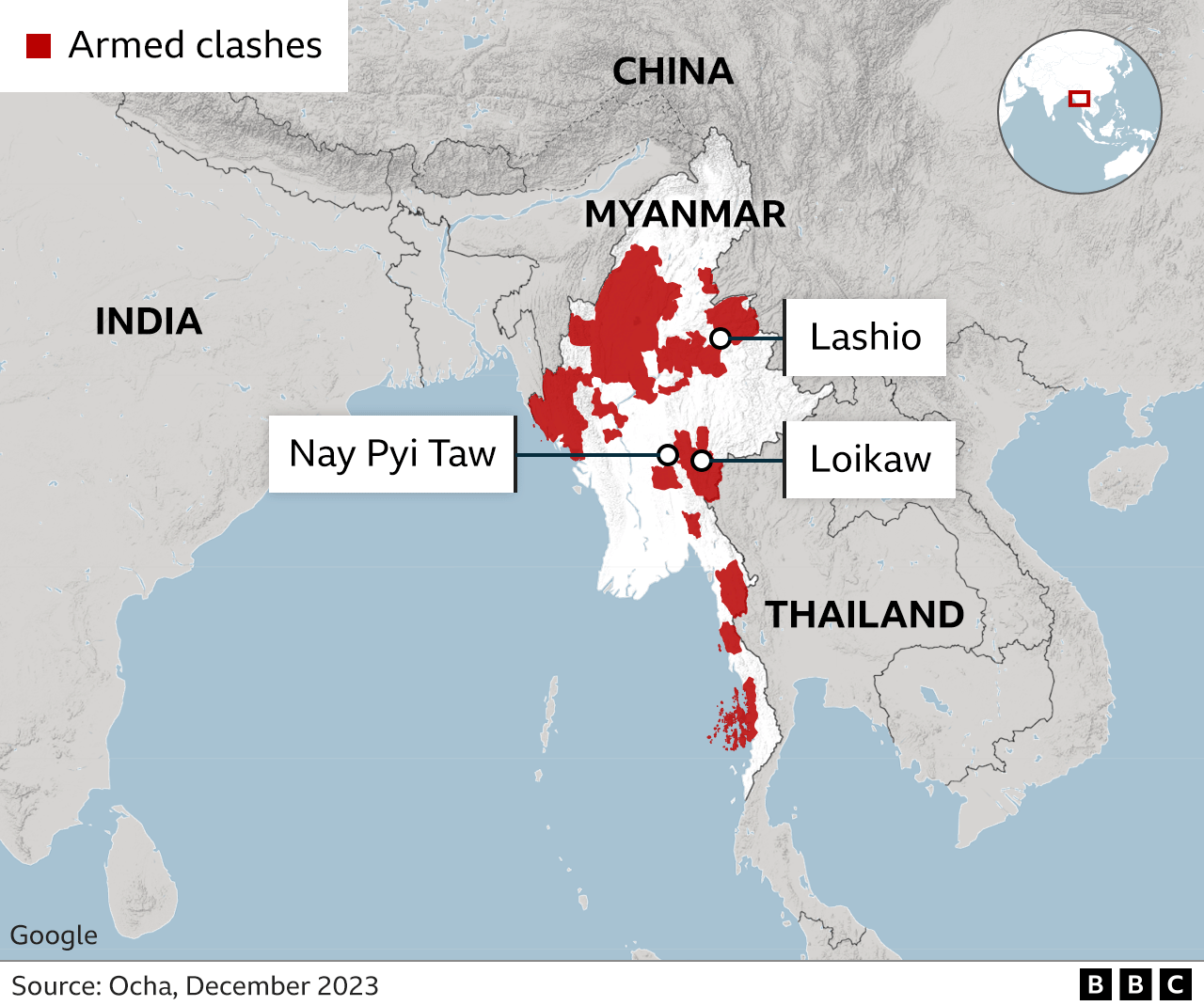A BBC map - using data from OCHA from December 2023 - shows areas of Myanmar where armed clashes have been reported. Marked on the map are Nay Pyi taw, Loikaw and Lashio
