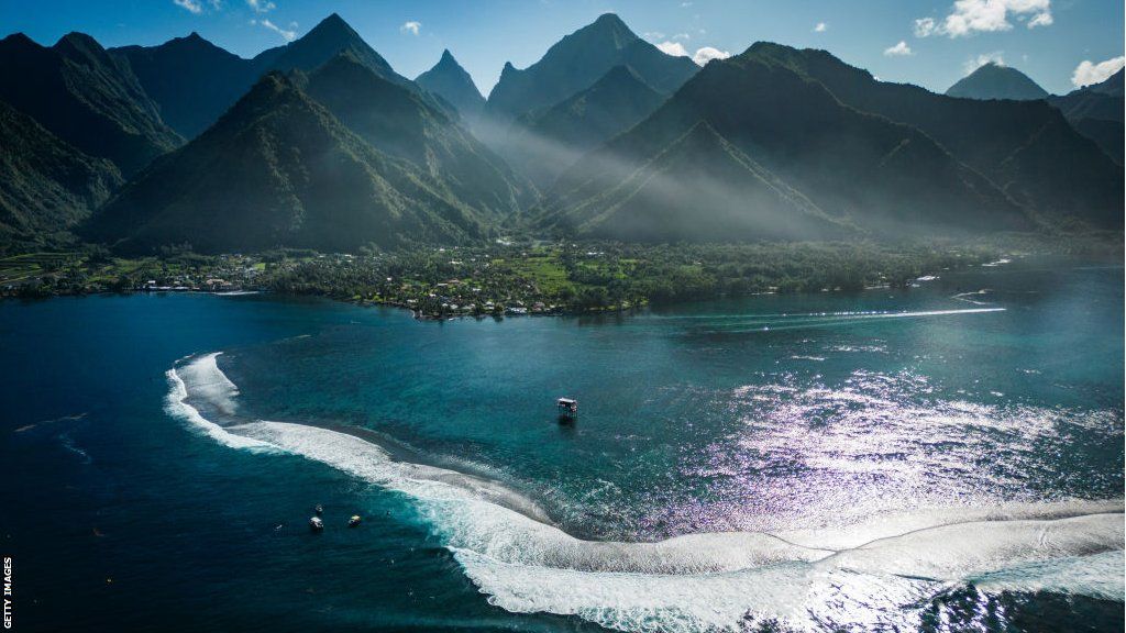 Aerial view of the Teahupo'o wave on the Pacific island of Tahiti