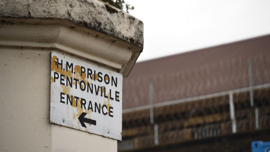 A sign on a column saying "H.M. Prison Pentonville", and underneath the word "Entrance" and an arrow pointing to the left