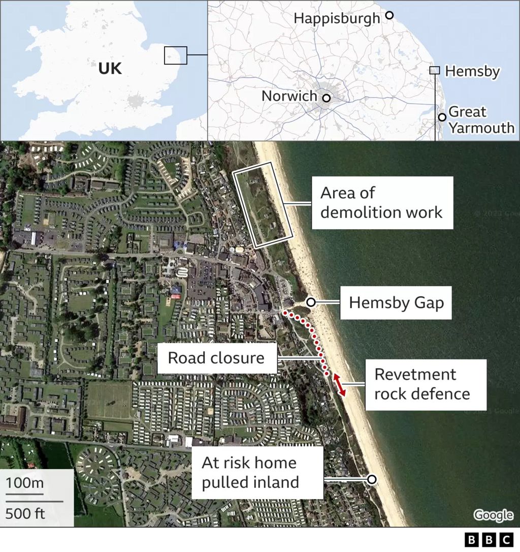 Map showing where sea defence work has happened in Hemsby, Norfolk