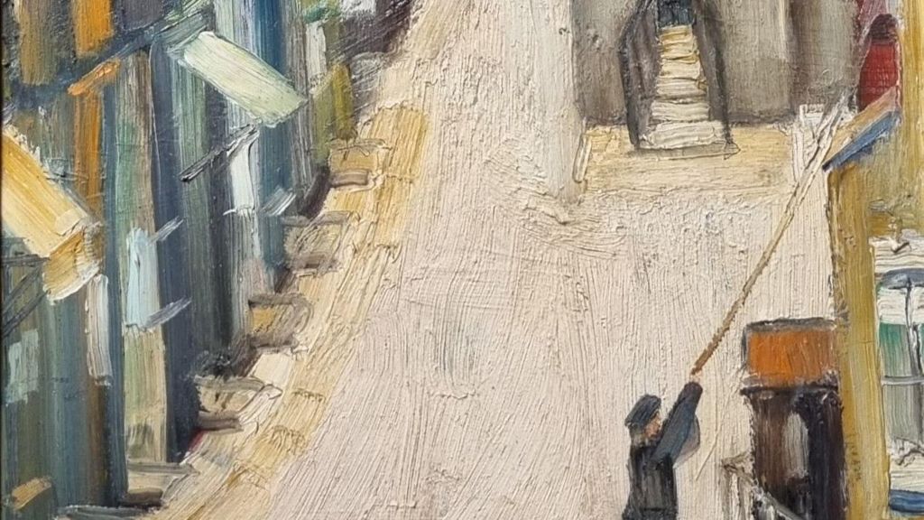 old street scene with a person using a long rod to get resident's attention