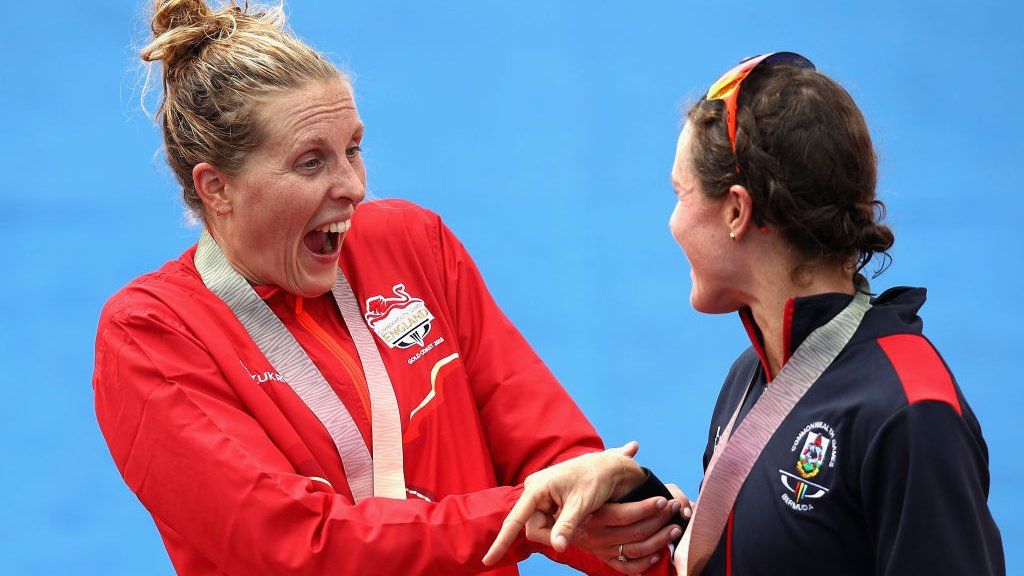 Triathlon silver medallist Jessica Learmonth of England (left) at the medal ceremony