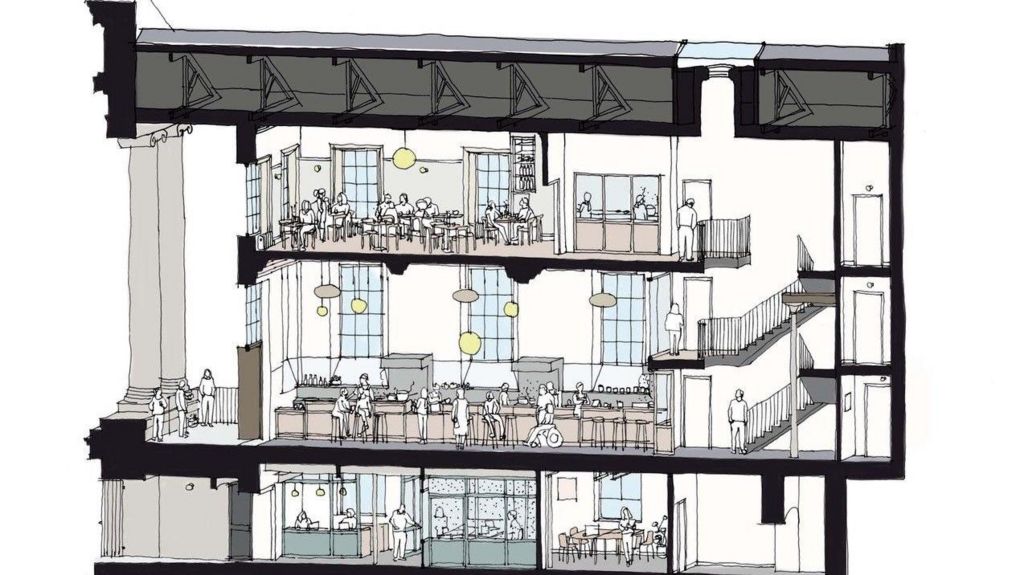 Architect's illustration of the interior showing how each floor could be used. There are people dotted around the building, including people sitting at a long counter in the second floor and at restaurant tables on the top floor