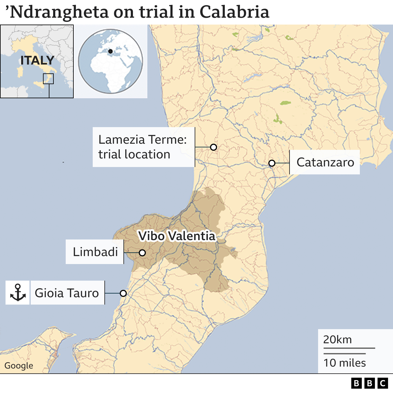 Карта: «Ндрангета предстал перед судом в Калабрии