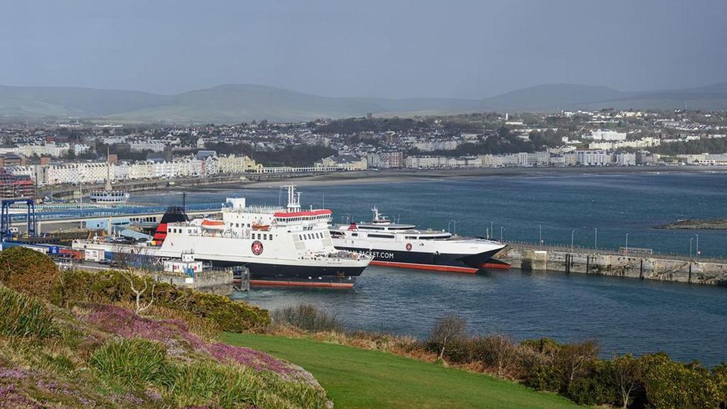 Two white, black and red ferries side-by-side in a harbour with green grass in the foreground