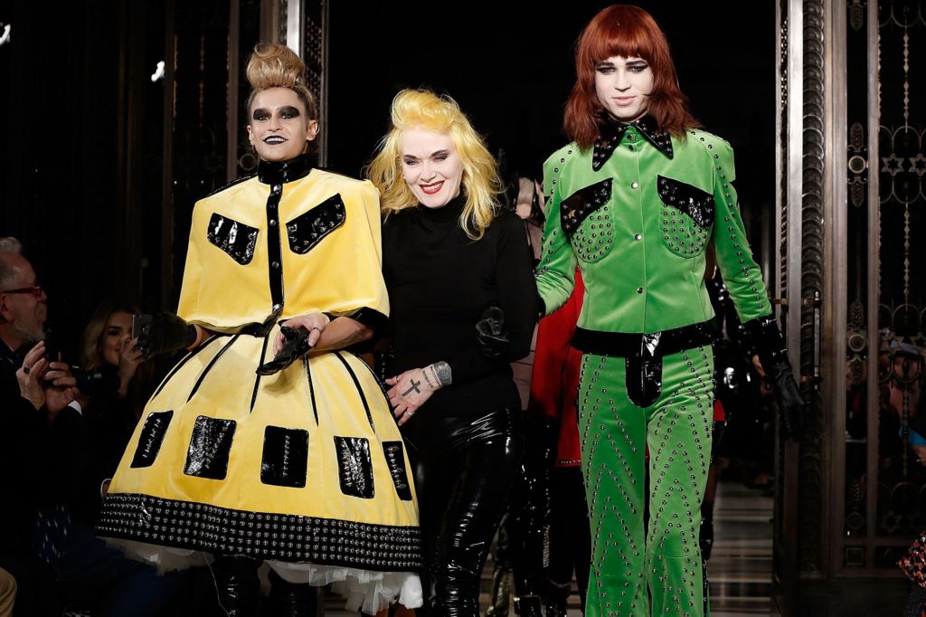 Designer Pam Hogg (C) and model Alice Dellal (L) walk the runway at the Pam Hogg show at Fashion Scout during London Fashion Week Autumn/Winter 2016/17 at Freemasons' Hall on February 19, 2016 in London, England