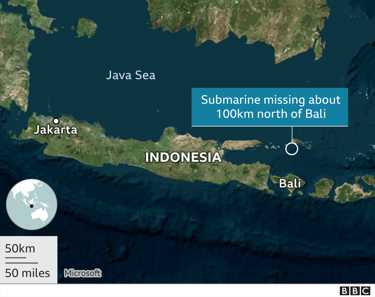 На изображении показана карта Индонезии и место пропажи подводной лодки