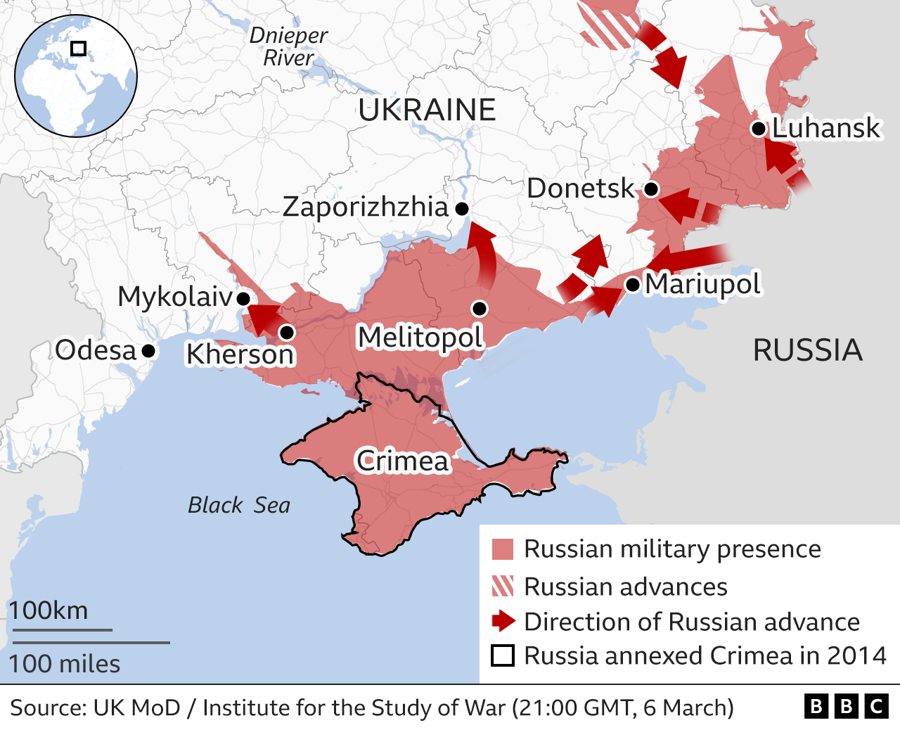 Map showing the Russian military advance into Ukraine from the south. Updated 7 March