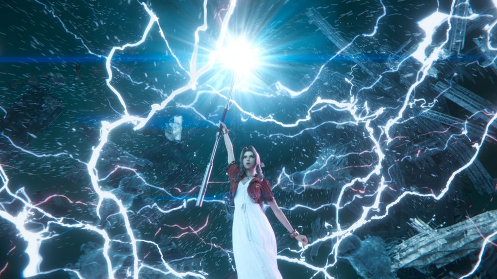 Screenshot shows Aerith, a character in a long white dress and red leather jacket, holding a magical staff in the air as lightning bolts crackle around her