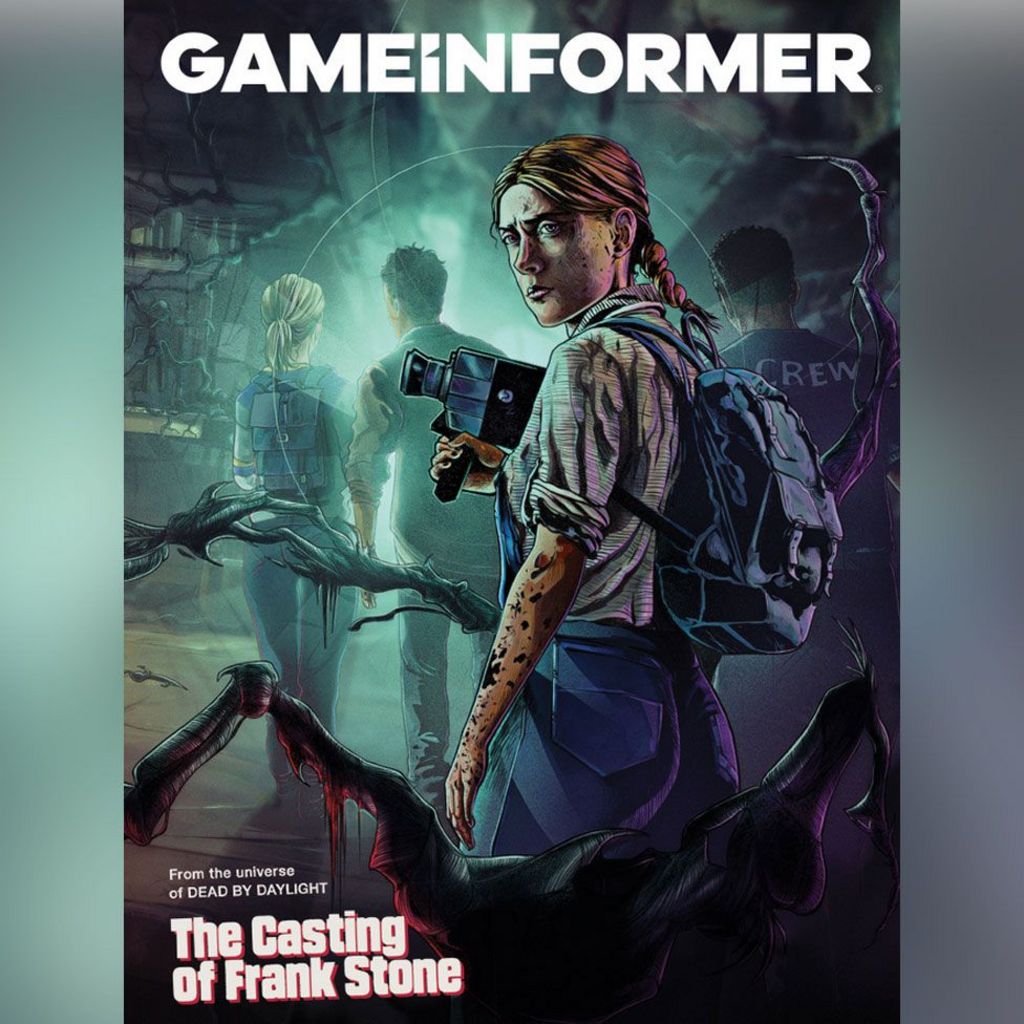 A cover of Game Informer - the magazine's title is written in capital letters at the top of the page. A cartoon drawing of a young woman holding an old-fashioned video camera and nervously looking back over her shoulder as three other people walk ahead of her is the cover image. At the bottom the words 