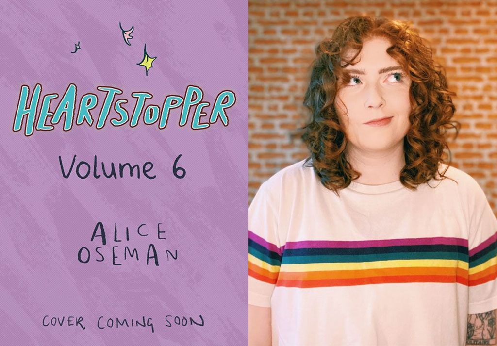 Holding cover (purple) for Heartstopper Volume 6 next to an image of Oseman looking skyward, wearing a white T-shirt with a horizontal rainbow stripe across the front. She has mid-length curly brown hair.