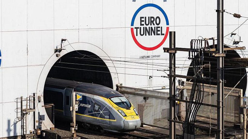 A Eurostar train enters the Eurotunnel in Coquelles, northern France.