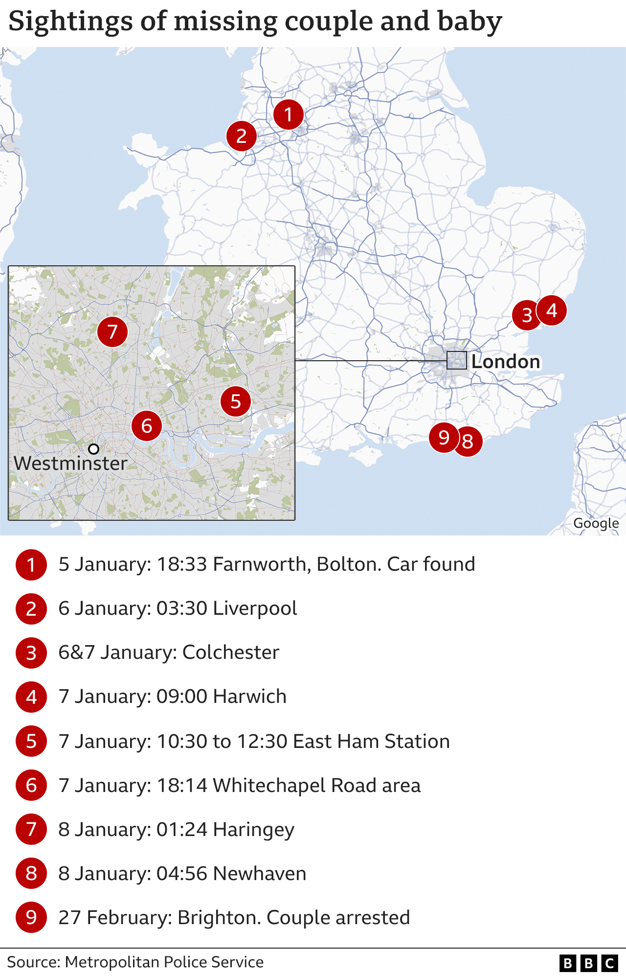 Map of previous sightings of the couple around the UK