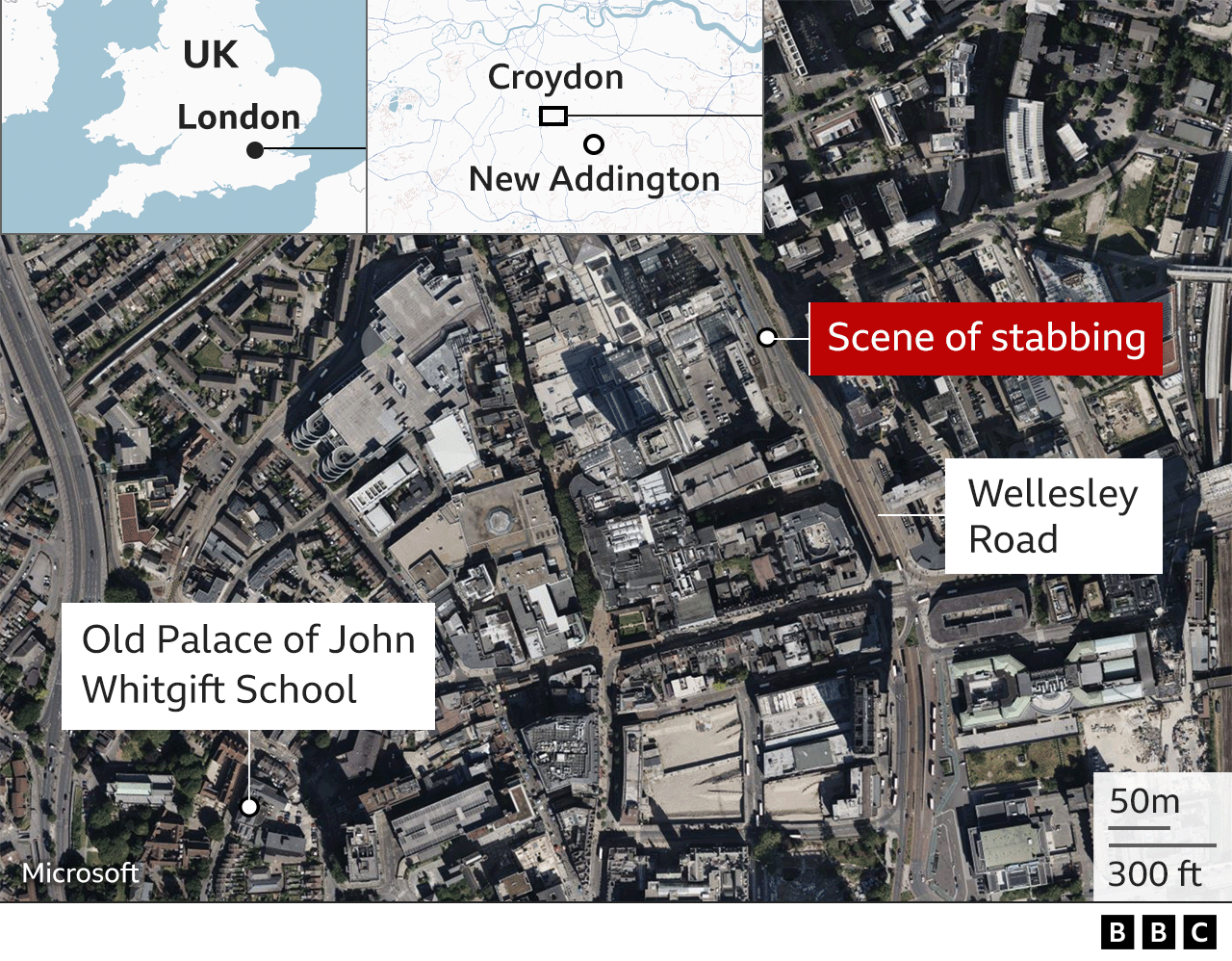 Map showing the scene of the stabbing and location of Old Palace of John Whitgift School