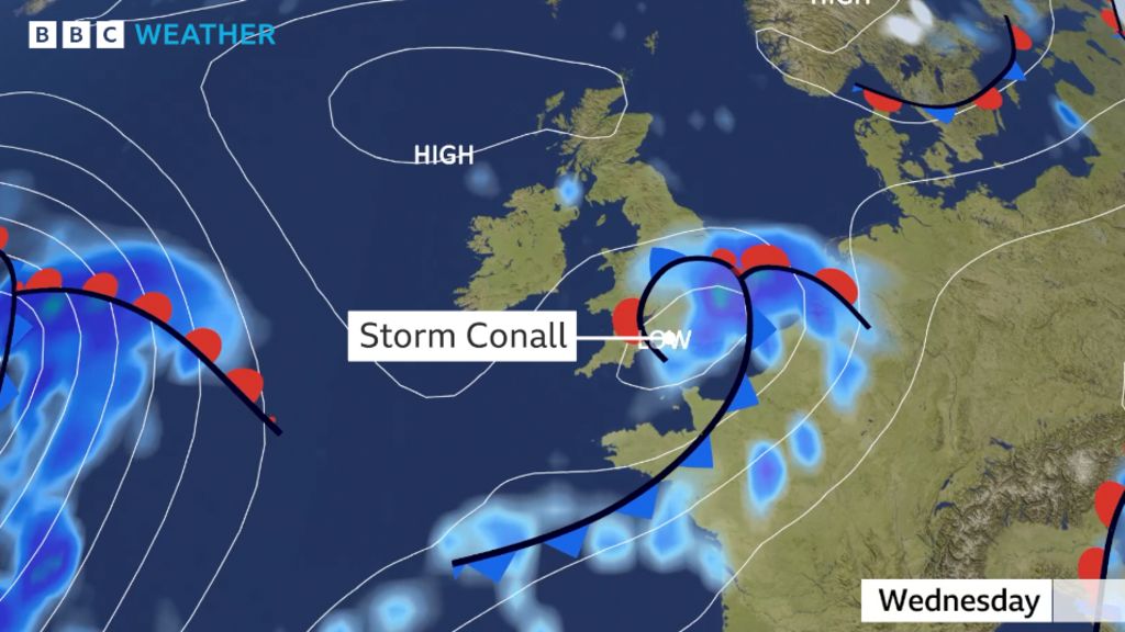 A graphic showing areas of low pressure moving across the Atlantic towards south-eastern England on Wednesday morning