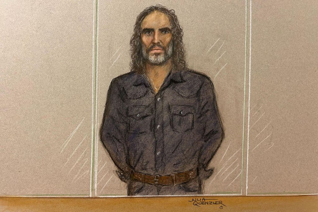 A cour sketch of Russell Brand appearing at Westminster Magistrates' Court, London, w