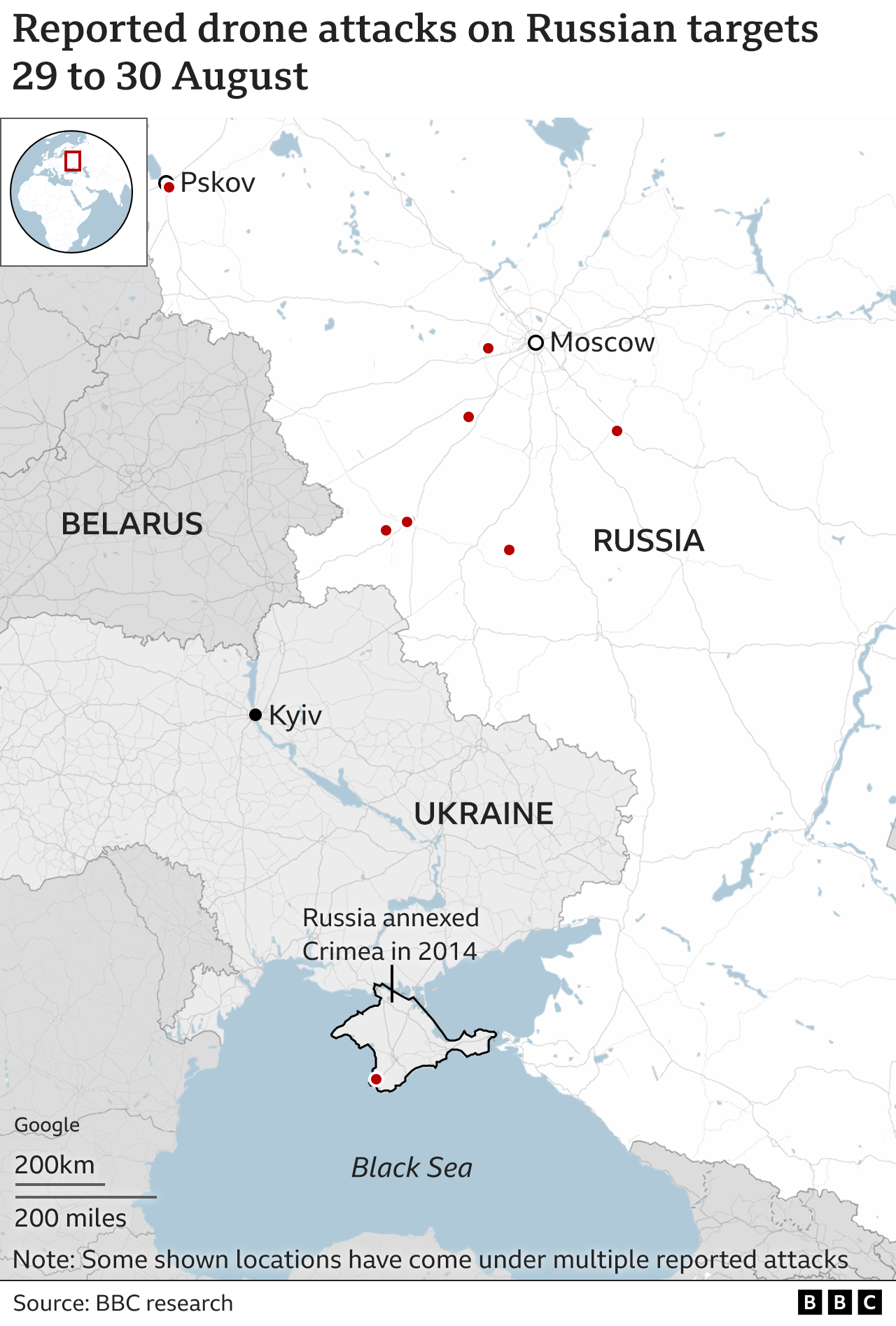 Map showing the location of the drone strikes ovenright