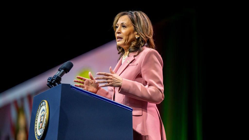  Vice-President Kamala Harris speaks to Alpha Kappa Alpha Sorority members at the Kay Bailey Hutchison Convention Center on July 10, 2024 in Dallas, Texas