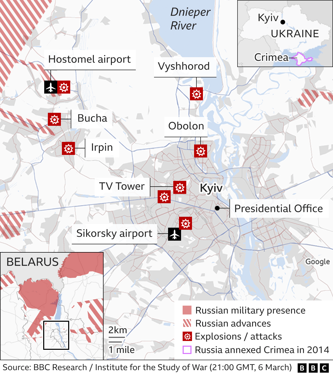 Map showing key locations in Kyiv, with Russian troops just to the north, east and west of the capital. Updated 7 MAR