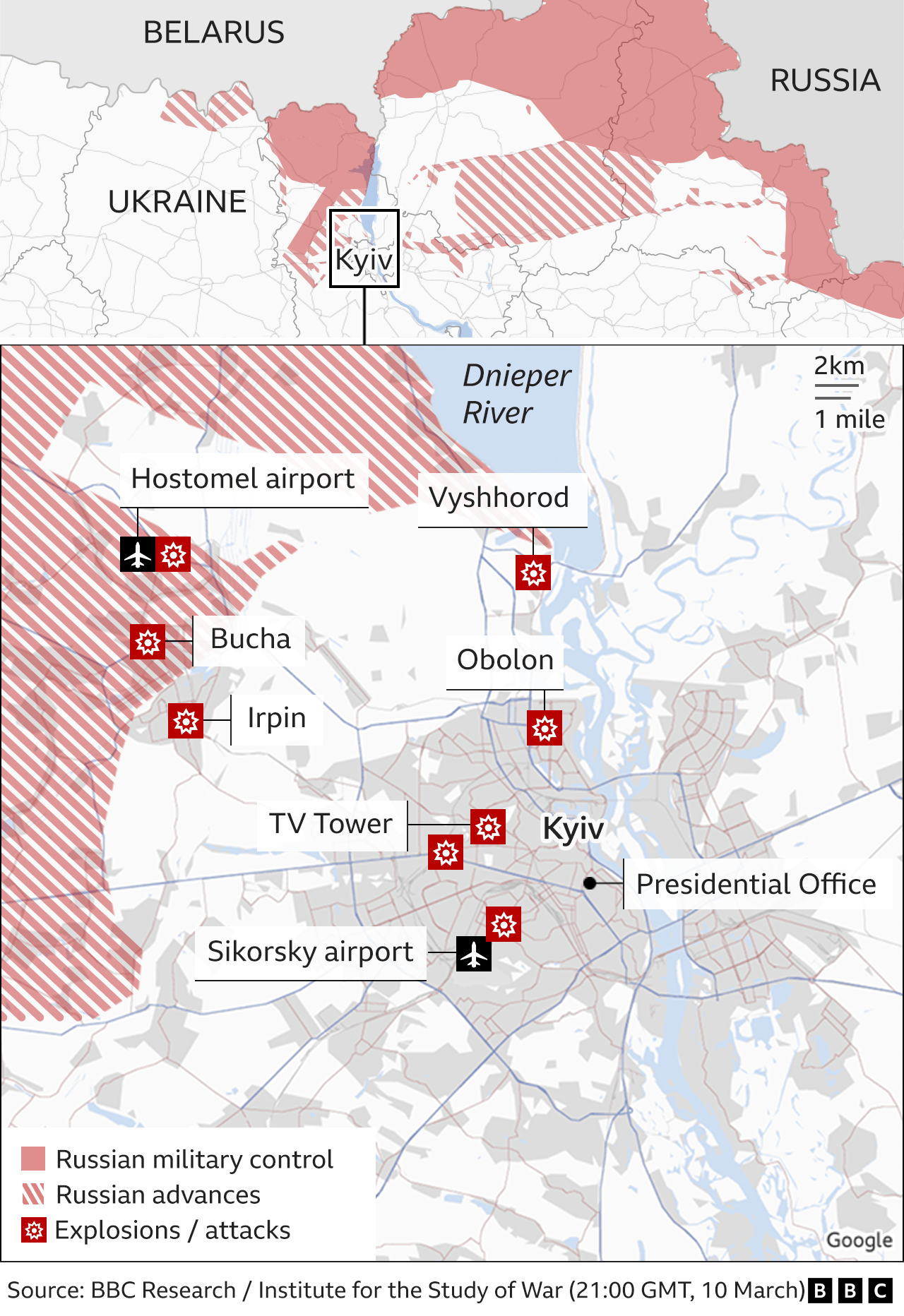Map showing key locations in Kyiv, with Russian troops just to the north, east and west of the capital