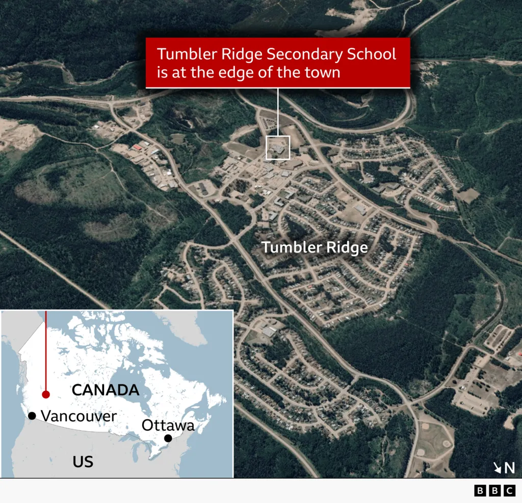 A map showing Tumbler Ridge and Tumbler Ridge Secondary School in western Canada, and also Vancouver and Ottawa