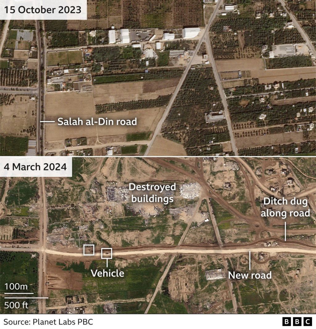 Satellite images of the area in October and March showing where the road has been built