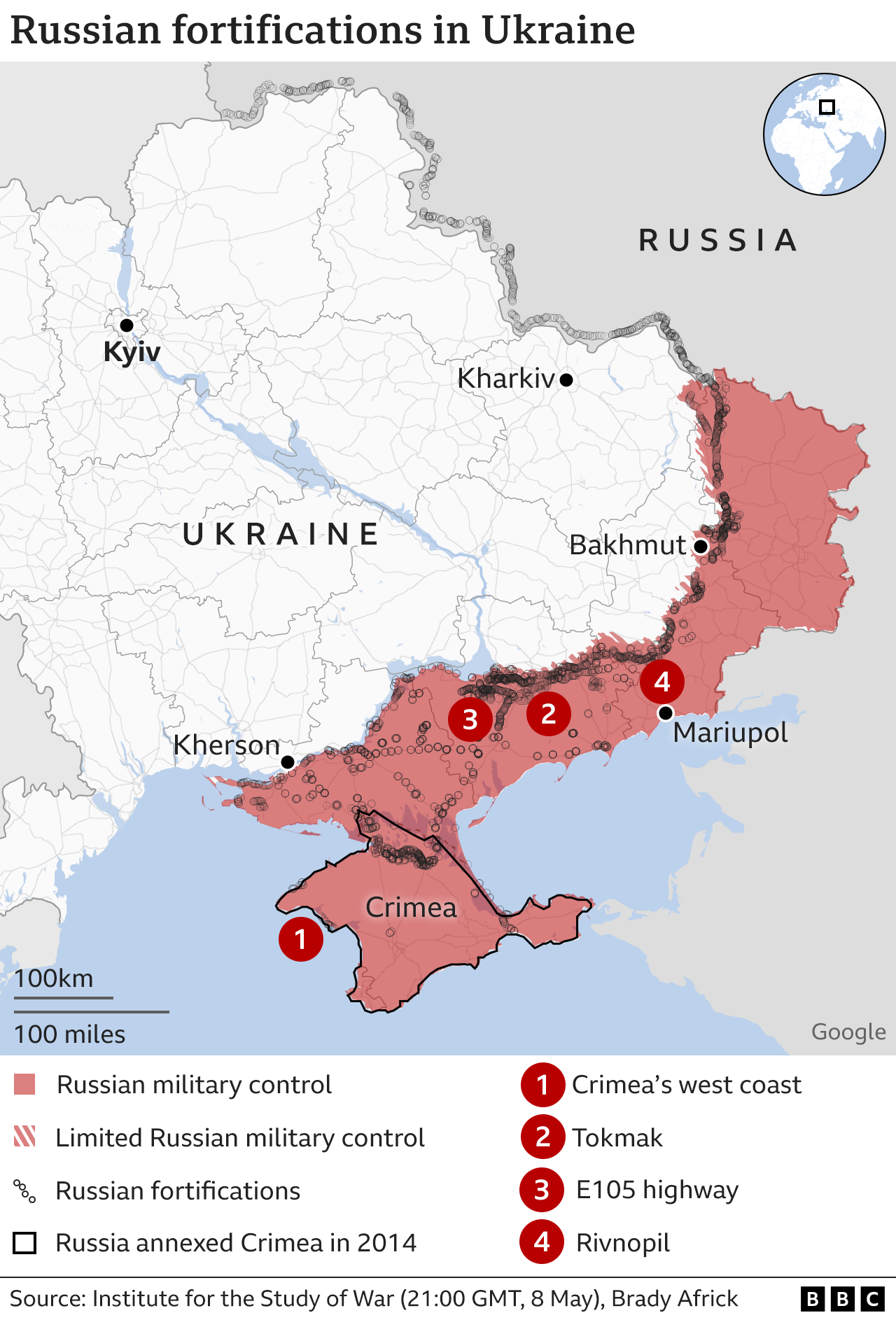 Χάρτης που δείχνει περιοχές που ελέγχονται από τη Ρωσία στην Ουκρανία, με ένα πυκνό δίκτυο χαρακωμάτων που σημειώνονται στην πρώτη γραμμή και βαθιά στη νότια Ουκρανία.
