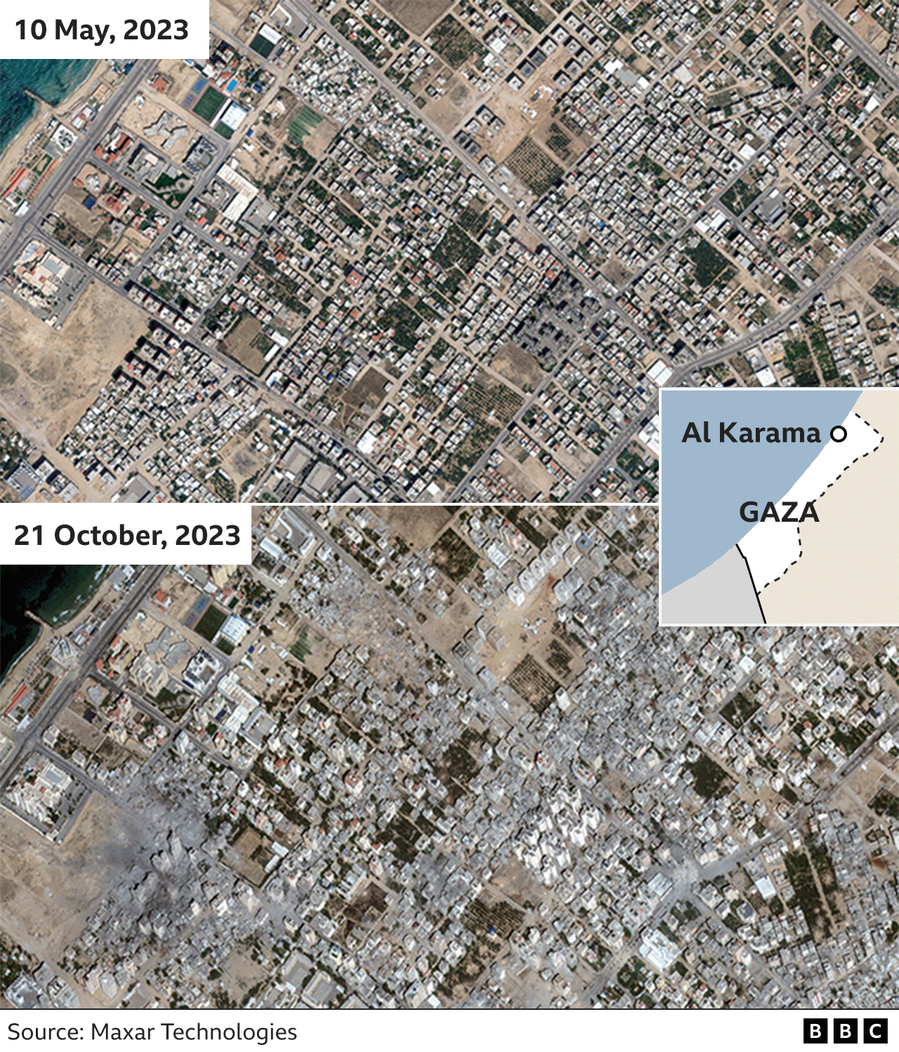 Спутниковые снимки Аль-Карамы в секторе Газа, показывающие местность до и после воздушных атак Израиля, в результате которых было разрушено несколько зданий