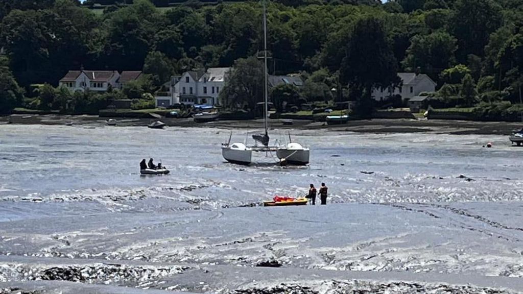 Coastguards working to rescue the people and dog in the dinghy stuck in the mud with a catamaran behind them