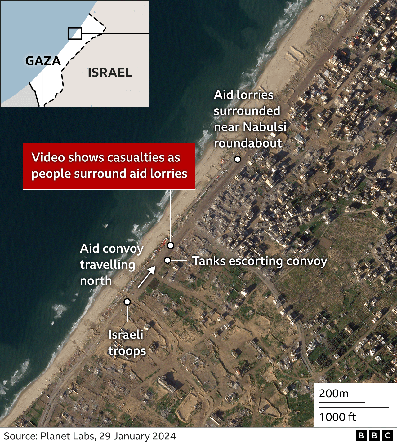 Graph showing the location of the convoy of aid which was surrounded by people on Thursday.