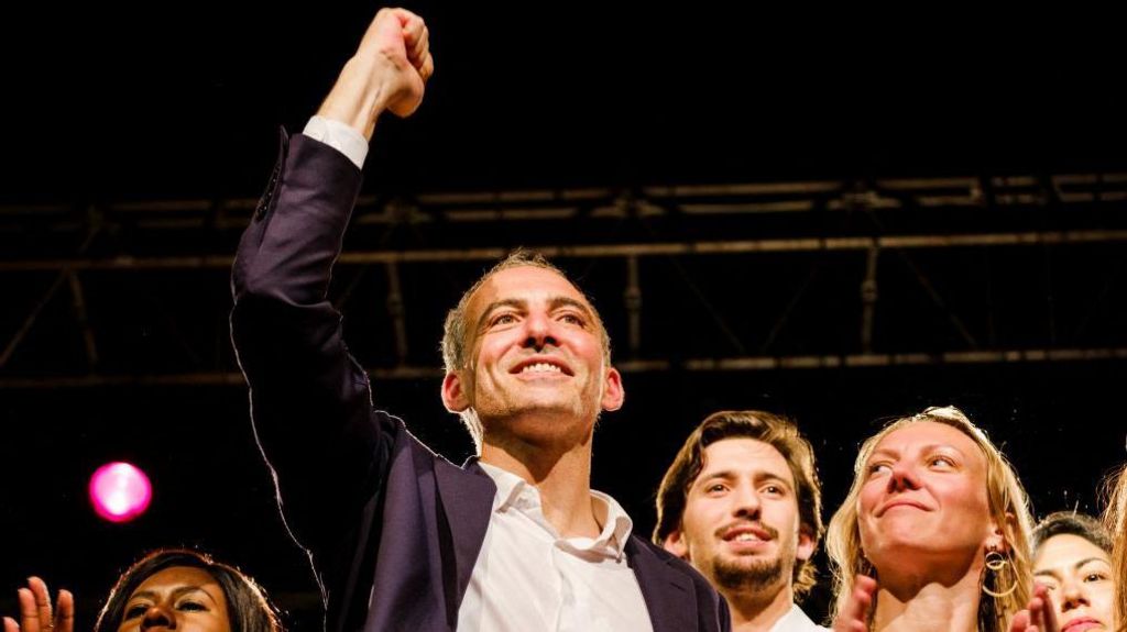 France's Socialist Party (PS) and Place Publique party's leading European Parliament election candidate and MEP Raphael Glucksmann waves at supporters during a campaign meeting in Marseille on June 1, 2024