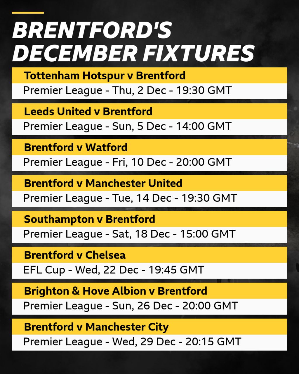 Bbc store brentford fixtures