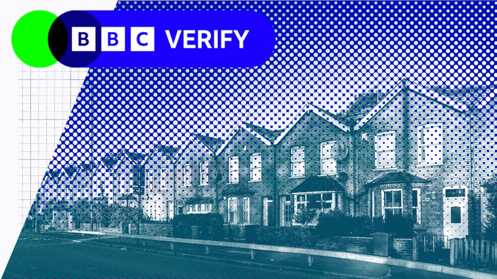 A stylised photograph featuring a row of brick terraced houses overlaid with a blue filter. In the top left corner, the BBC Verify logo is displayed in a rounded rectangle with bold white text on a blue background, alongside bright green and dark blue graphic circles.