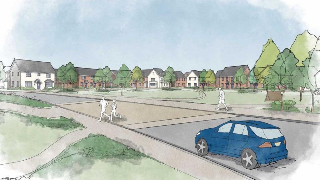 Artist's impression of the new development showing houses around a green with trees and 'shared space' road layout