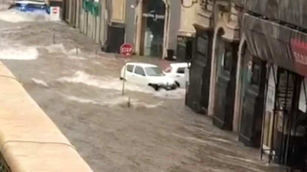 A flooded street in Catania's city centre