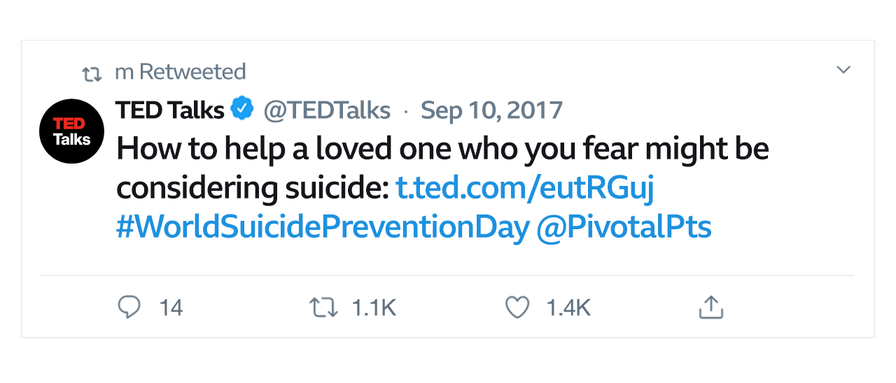 Tweet from Ted Talks saying, 'How to help a loved one who you fear might be considering suicide' linking to a video of a talk by a police officer.