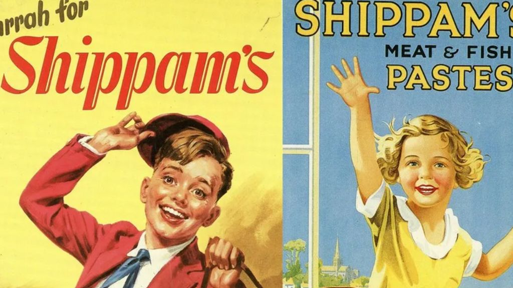 Two archive advertising posters for Shippam's pastes. One shows a boy in a red blazer and school cap, and the other shows a young blonde girl in a yellow summer dress waving